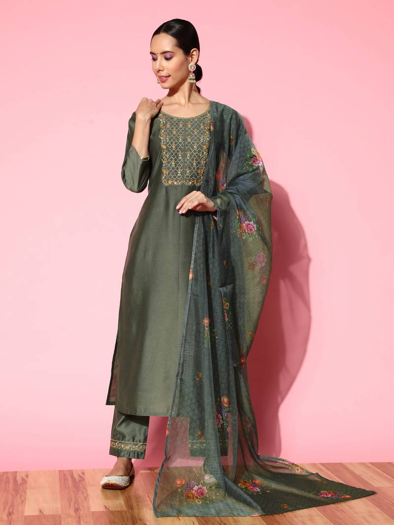 Women Olive Green Zari Sequence Embroidered Silk Blend Kurta Pant With Dupatta