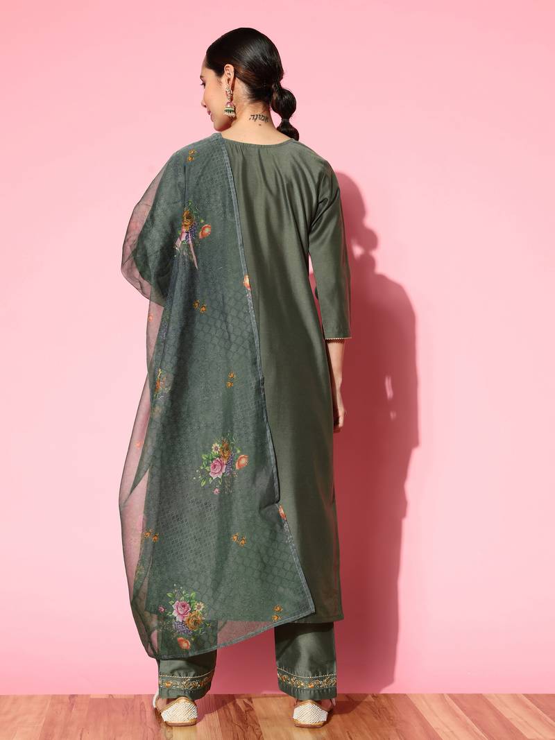 Women Olive Green Zari Sequence Embroidered Silk Blend Kurta Pant With Dupatta