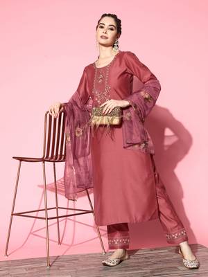 Women Rust Zari Sequence Embroidered Silk Blend Kurta Pant With Dupatta 2