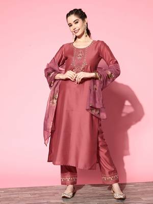Women Rust Zari Sequence Embroidered Silk Blend Kurta Pant With Dupatta 1