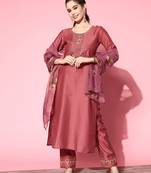 Women Rust Zari Sequence Embroidered Silk Blend Kurta Pant With Dupatta