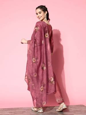 Women Rust Zari Sequence Embroidered Silk Blend Kurta Pant With Dupatta 4