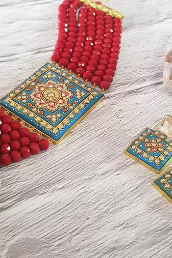 Turquoise Red Square Necklace Set