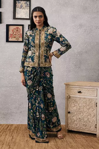 Mehr Embroidered Jacket With Drape Skirt