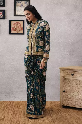 Mehr Embroidered Jacket With Drape Skirt