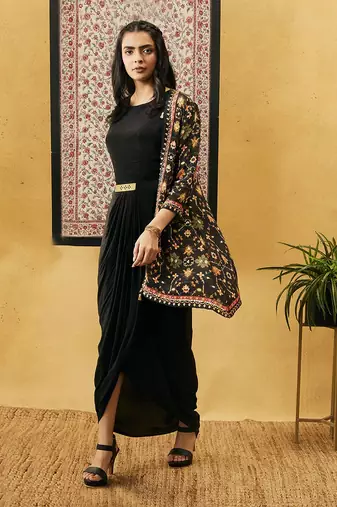 Zahra Solid Drape Dress With Jacket