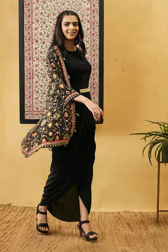 Zahra Solid Drape Dress With Jacket