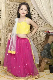 Yellow plain net stitched lehenga