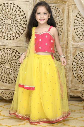 Yellow plain net stitched lehenga
