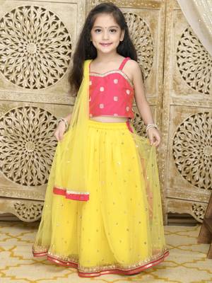 Yellow plain net stitched lehenga 4