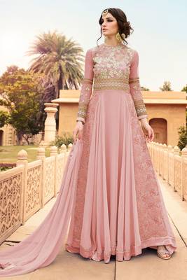Pink Embroidered Faux Georgette Salwar Up To 42" Size 1