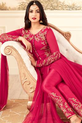 Pink Embroidered Faux Georgette Salwar Up To 42" Size 2