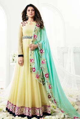 Yellow Thread Embroidery Faux Georgette Salwar Up To 42" Size 1