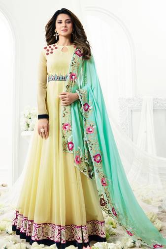 Yellow Thread Embroidery Faux Georgette Salwar Up To 42" Size