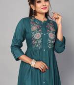 Ethnic And Classy Teal Colour Short Kurti With Floral Embroidery Work