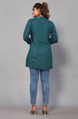 Ethnic And Classy Teal Colour Short Kurti With Floral Embroidery Work 2