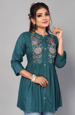 Ethnic And Classy Teal Colour Short Kurti With Floral Embroidery Work 3