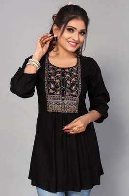 Ethnic And Classy Black Colour Short Kurti With Floral Embroidery Work 1