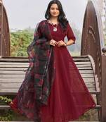 Ethnic And Girlish Maroon Colour Party Wear Gown For Trendy Girl