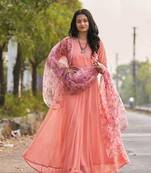 Ethnic And Girlish Peach Colour Party Wear Gown For Trendy Girl