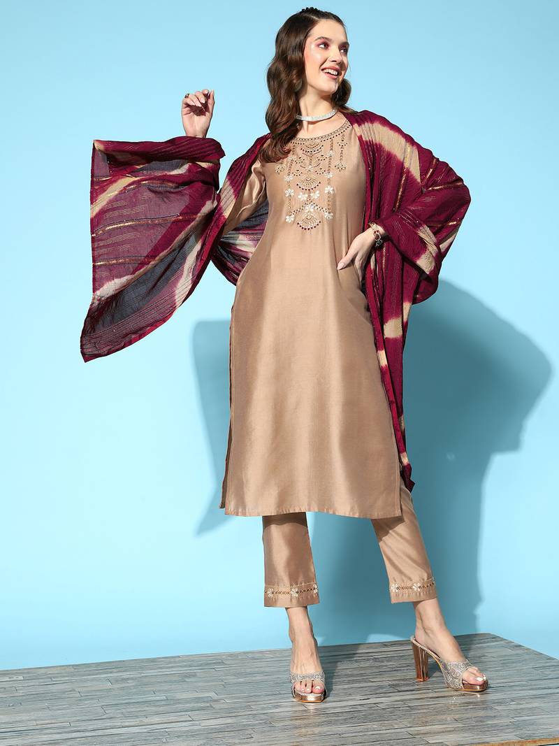 Women Beige Zari Sequence Embroidered Silk Blend Kurta Pant With Laheriya Dupatta