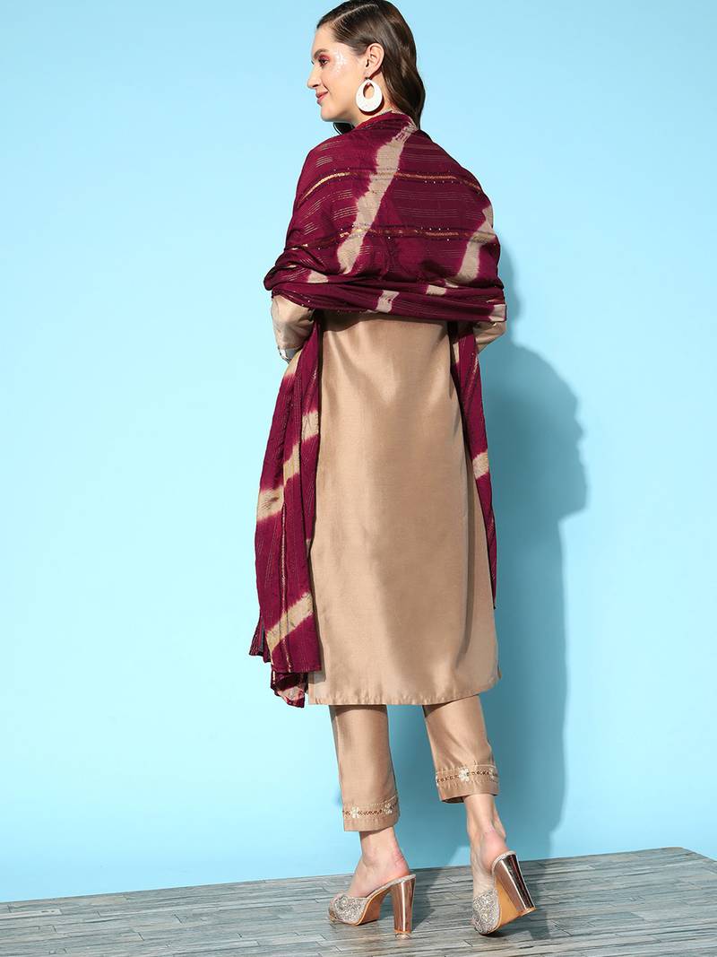 Women Beige Zari Sequence Embroidered Silk Blend Kurta Pant With Laheriya Dupatta