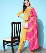 Women Yellow Zari Sequence Embroidered Silk Blend Kurta Pant With Laheriya Dupatta