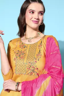 Women Yellow Zari Sequence Embroidered Silk Blend Kurta Pant With Laheriya Dupatta
