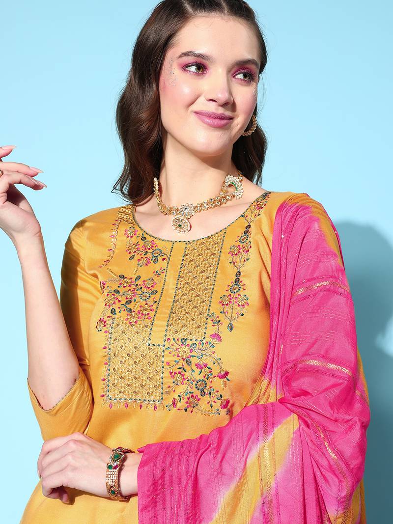 Women Yellow Zari Sequence Embroidered Silk Blend Kurta Pant With Laheriya Dupatta