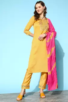 Women Yellow Zari Sequence Embroidered Silk Blend Kurta Pant With Laheriya Dupatta
