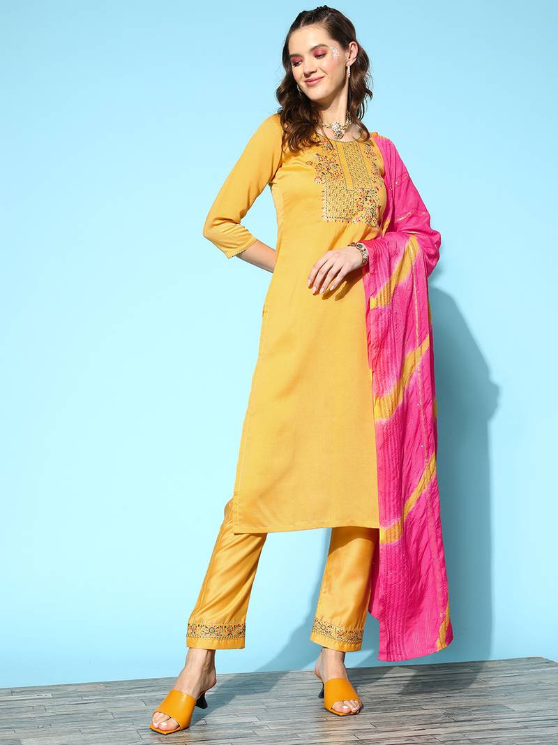 Women Yellow Zari Sequence Embroidered Silk Blend Kurta Pant With Laheriya Dupatta