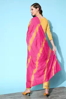 Women Yellow Zari Sequence Embroidered Silk Blend Kurta Pant With Laheriya Dupatta