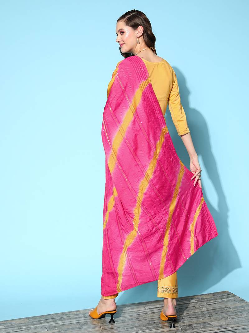Women Yellow Zari Sequence Embroidered Silk Blend Kurta Pant With Laheriya Dupatta