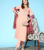 Women Peach Zari Sequence Embroidered Silk Blend Kurta Pant With Laheriya Dupatta