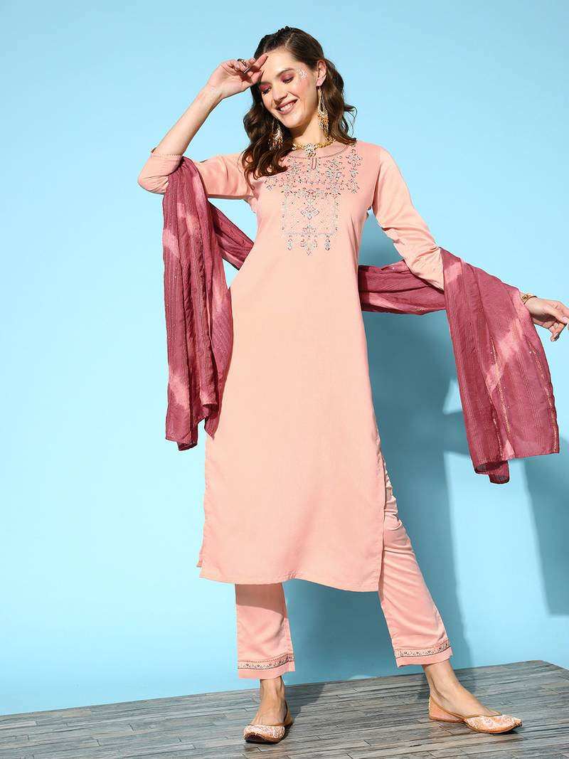 Women Peach Zari Sequence Embroidered Silk Blend Kurta Pant With Laheriya Dupatta