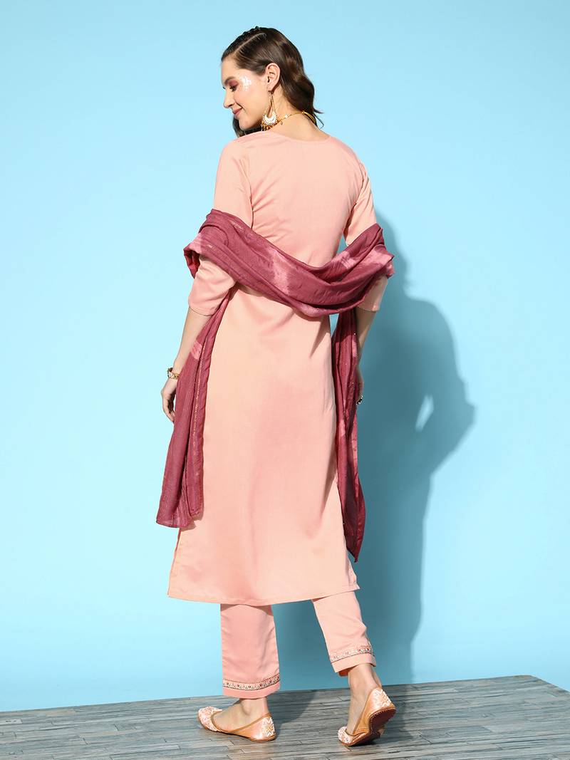 Women Peach Zari Sequence Embroidered Silk Blend Kurta Pant With Laheriya Dupatta