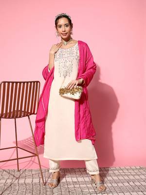 Women Off White Zari Sequence Embroidered Silk Blend Kurta Pant With Laheriya Dupatta 1