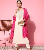Women Off White Zari Sequence Embroidered Silk Blend Kurta Pant With Laheriya Dupatta