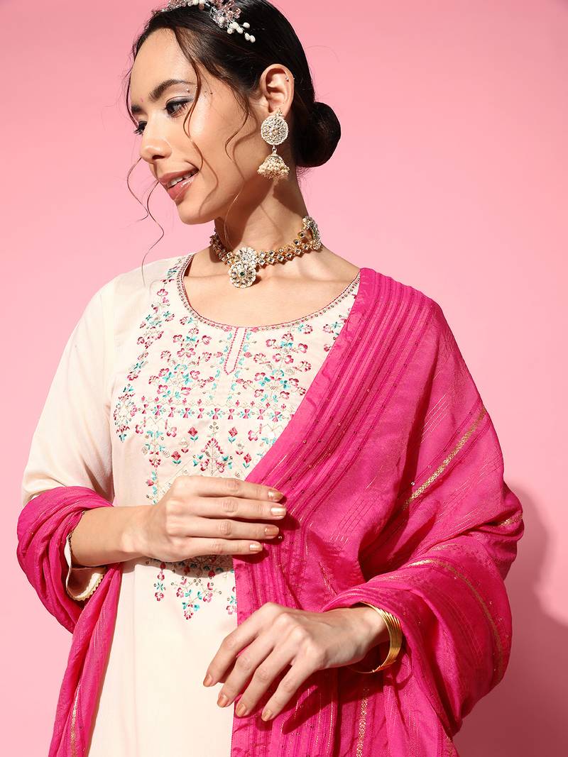 Women Off White Zari Sequence Embroidered Silk Blend Kurta Pant With Laheriya Dupatta