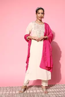 Women Off White Zari Sequence Embroidered Silk Blend Kurta Pant With Laheriya Dupatta