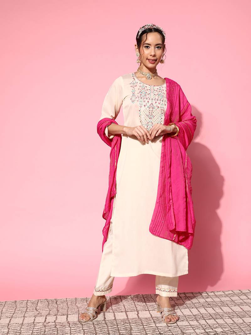 Women Off White Zari Sequence Embroidered Silk Blend Kurta Pant With Laheriya Dupatta