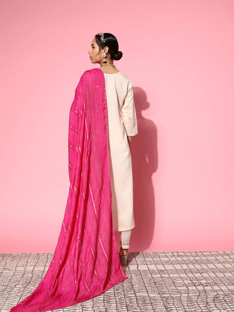 Women Off White Zari Sequence Embroidered Silk Blend Kurta Pant With Laheriya Dupatta