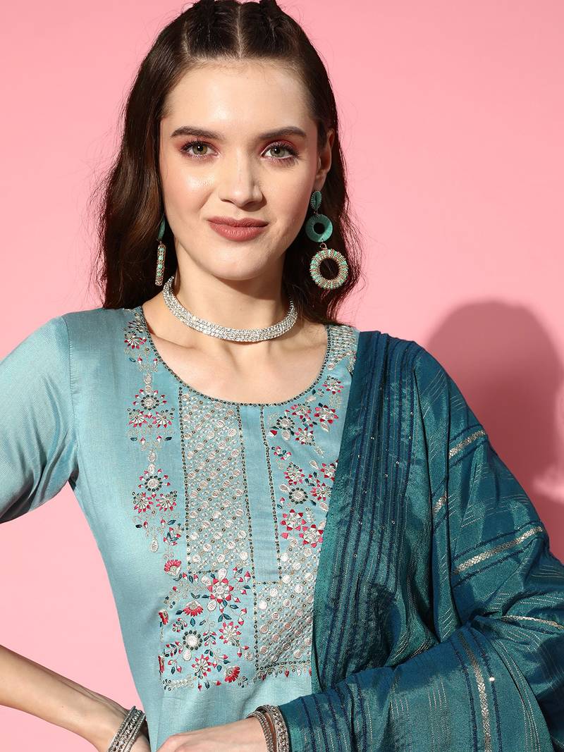 Women Sky Blue Zari Sequence Embroidered Silk Blend Kurta Pant With Laheriya Dupatta