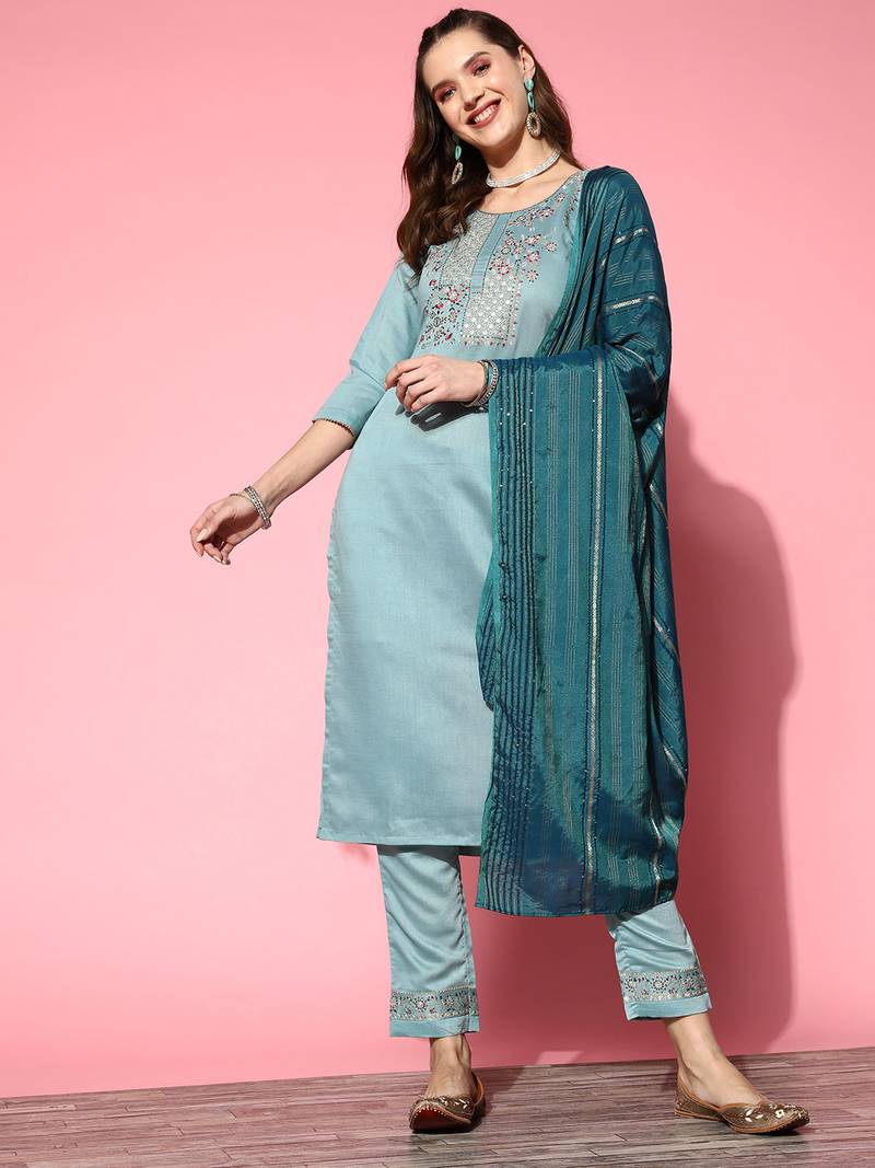 Women Sky Blue Zari Sequence Embroidered Silk Blend Kurta Pant With Laheriya Dupatta