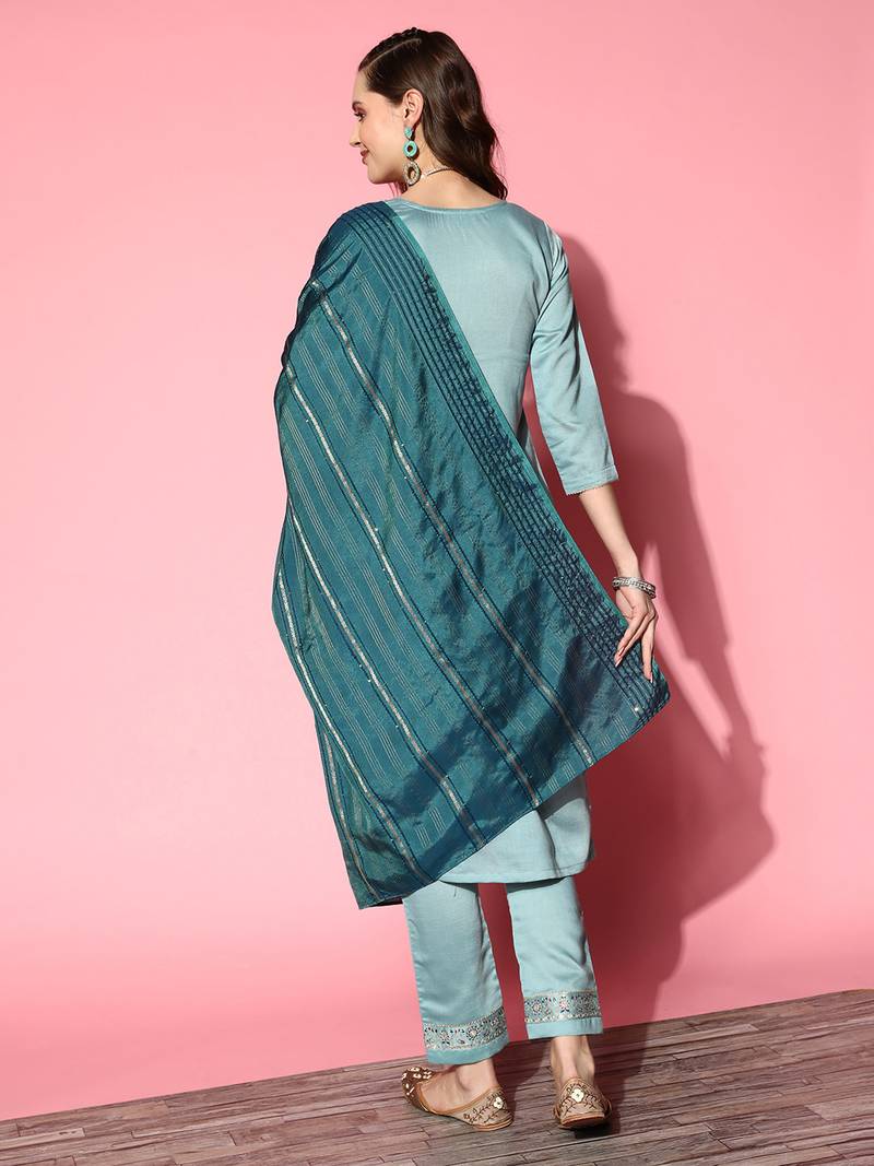 Women Sky Blue Zari Sequence Embroidered Silk Blend Kurta Pant With Laheriya Dupatta