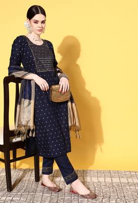 Women Blue Zari Sequence Gota Work Foil Printed Ruby Cotton Kurta Pant With Dupatta 1