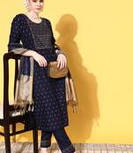 Women Blue Zari Sequence Gota Work Foil Printed Ruby Cotton Kurta Pant With Dupatta