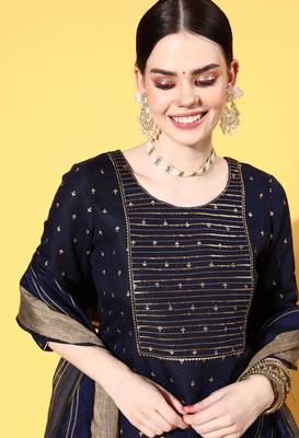 Women Blue Zari Sequence Gota Work Foil Printed Ruby Cotton Kurta Pant With Dupatta 2