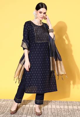 Women Blue Zari Sequence Gota Work Foil Printed Ruby Cotton Kurta Pant With Dupatta 3