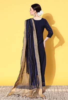 Women Blue Zari Sequence Gota Work Foil Printed Ruby Cotton Kurta Pant With Dupatta 4